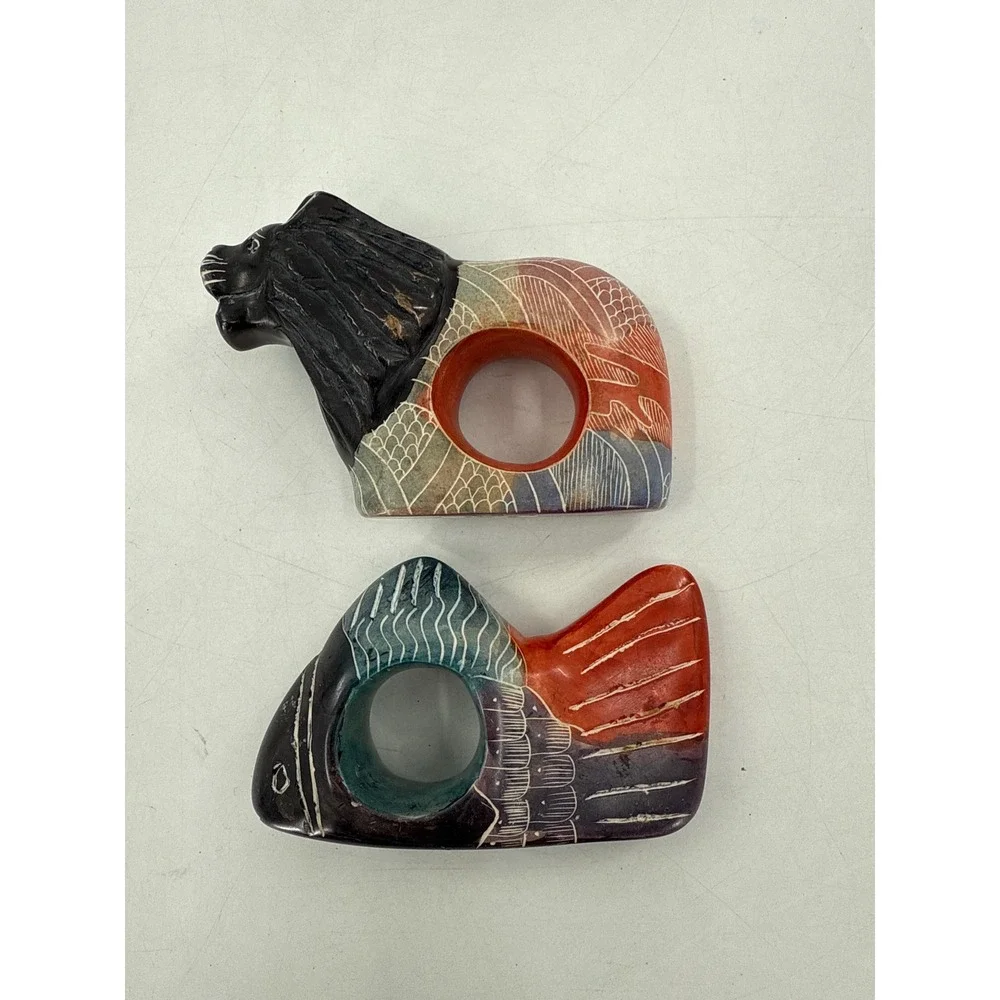 Hand Carved Soap Stone Animal Napkin Rings Set of 8 Kenya Lion Elephant Rhino